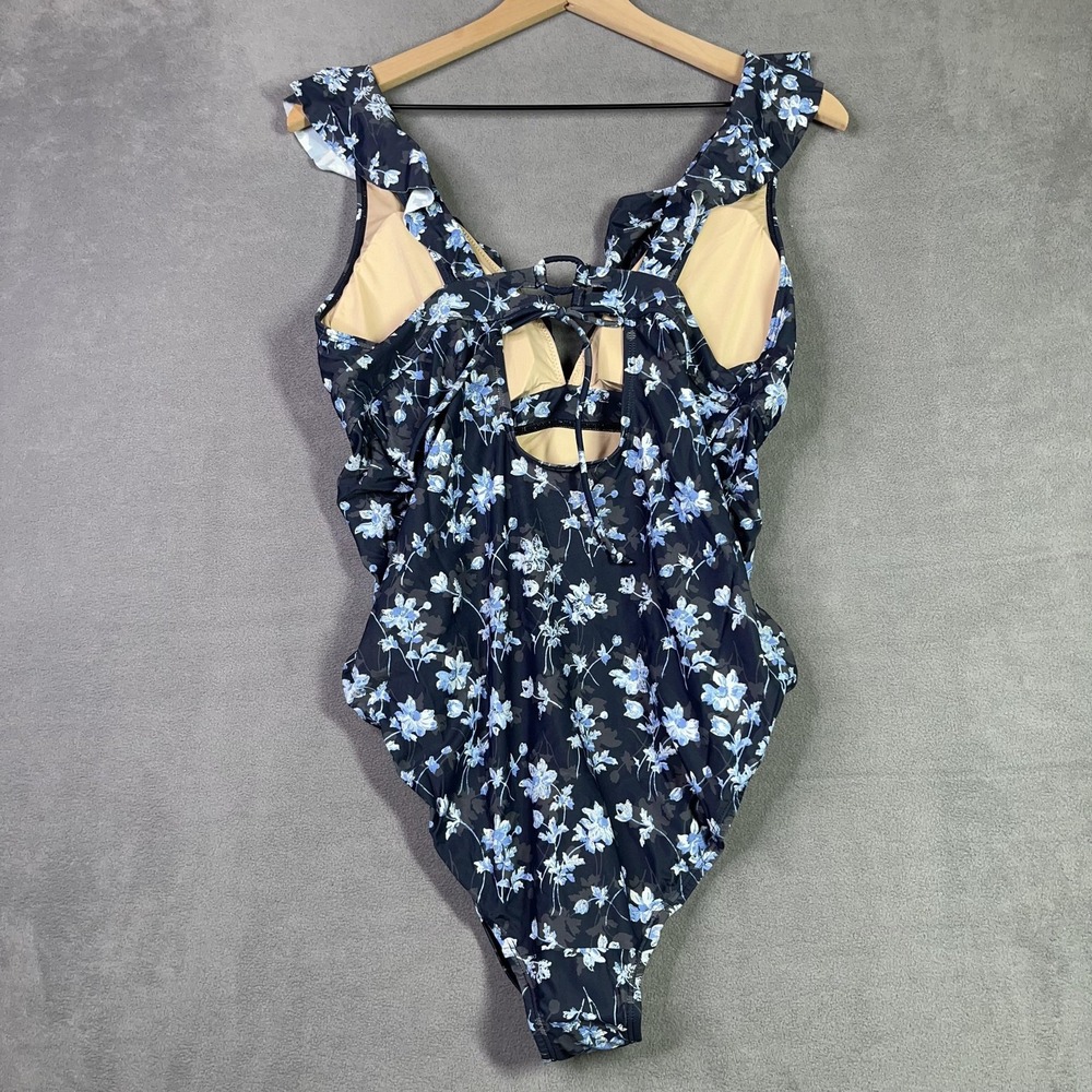 A Pea in the Pod Swimsuit Womens Large Navy Blue Floral Ruffle Maternity NWT - Picture 2 of 7